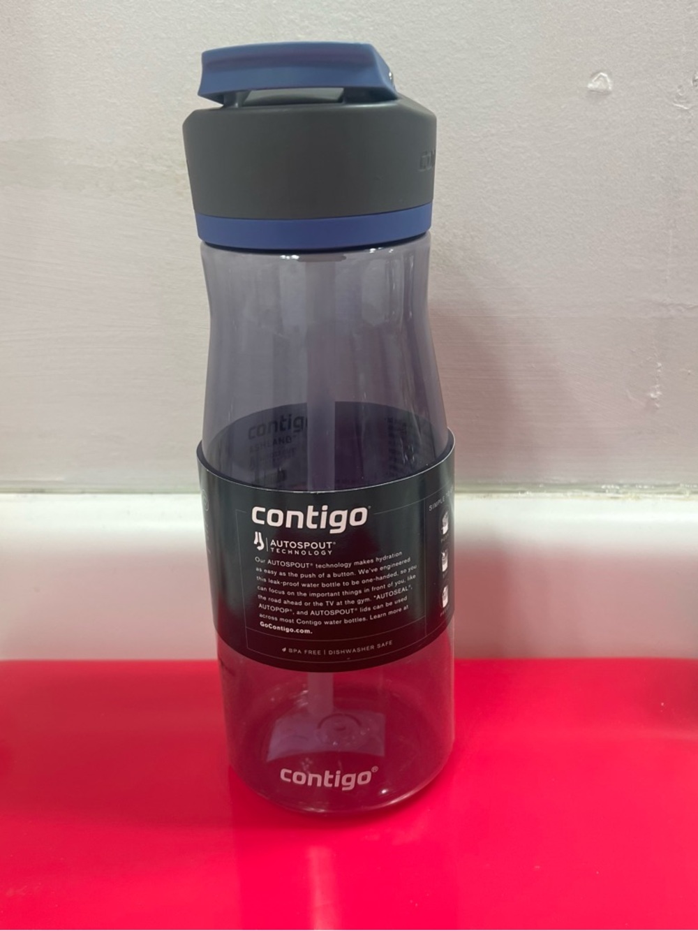 Contigo Clear Smoky Water Bottle with Gray Lid and Blue Accent - Picture 2 of 4